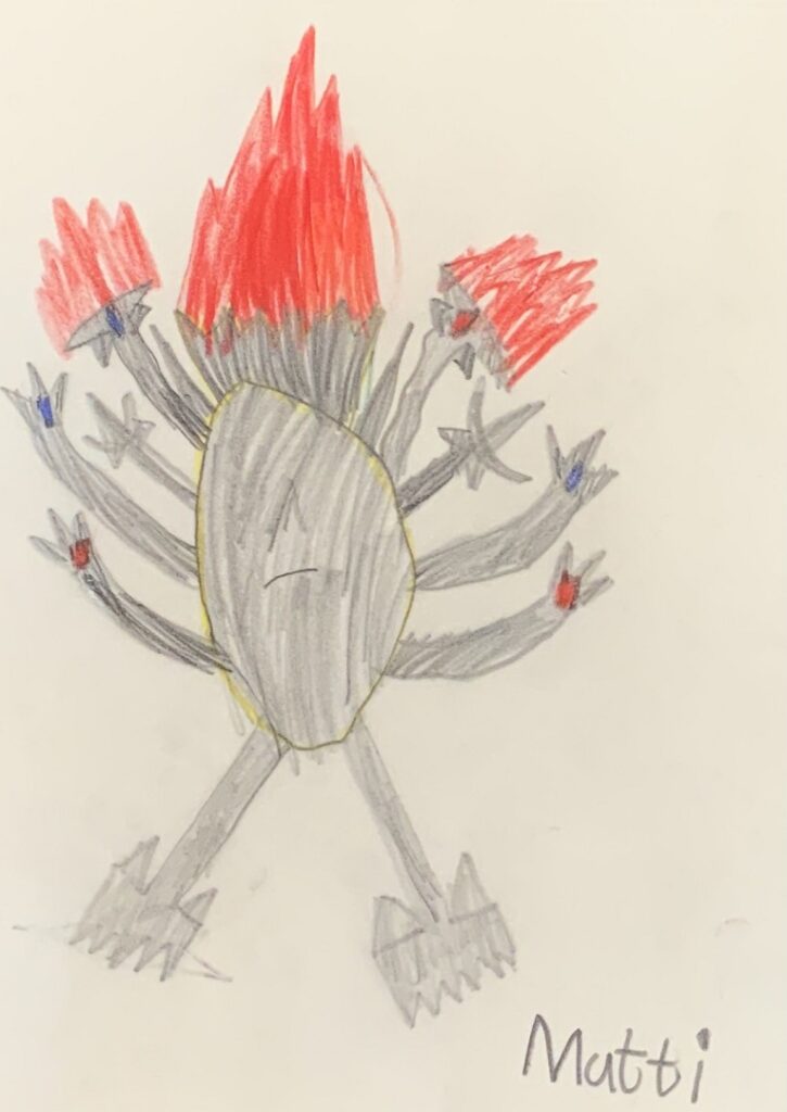 Ein grauer Monster-Roboter mit acht Armen und roter Flamme auf dem Kopf vor weißem Hintergrund.