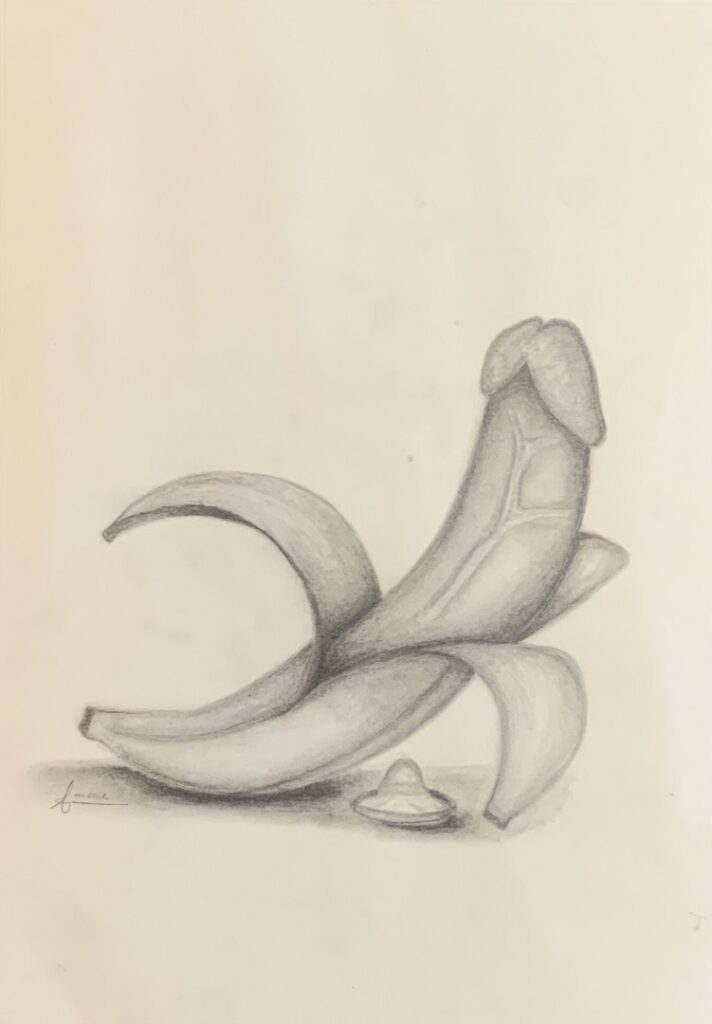 Eine zur Hälfte offene Bananenschale, aus der ein Penis hervorgeht.